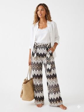 Trina Turk Lace Pants Black White Crochet High Waist Resort Chic